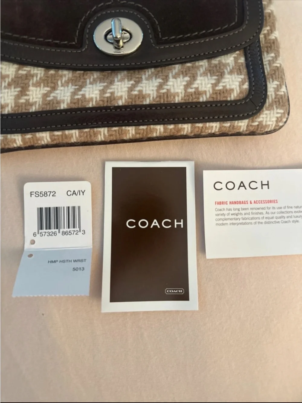 SOLD Coach Beige/Tan Wool Houndstooth Wristlet with Dark Brown Suede and Leather